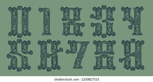 Numbers set in medieval knots lines style. Dim colored drop cap. Engraved barbarian emblem. Vintage illuminated initials. Perfect for vintage premium identity, Celtic posters, luxury packaging.