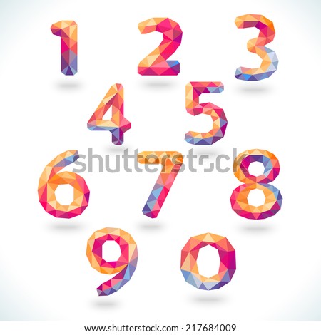 Numbers set in modern polygonal crystal style. Vector illustration colorful bright number design. Triangle number. For party poster, greeting card, banner or invitation. Cute numerical icons and sign.