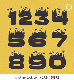 Numbers set with mountains peaks and trees on a landscape line pattern. Adventure and outdoor vintage emblem perfect for t-shirts, apparel and other merchandise.