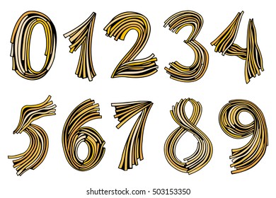 Numbers set of pasta or grass. Vector design template elements. Hand drawn doodle Illustration