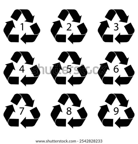 Numbers set of plastic recycling symbol. The number in the triangle indicates the type of plastic. Numbers set in recycling symbols. Vector illustration. 