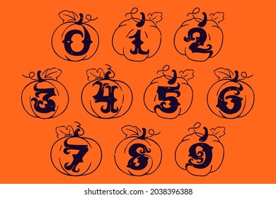 Numbers set in pumpkins with grunge texture. Gothic style font with curved serif. Perfect for your Halloween design.