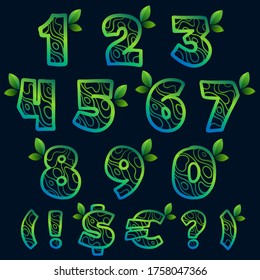 Numbers set and punctuation marks with eco waves pattern. Perfect vector green icon for landscape design, natural print and cartography labels, etc.