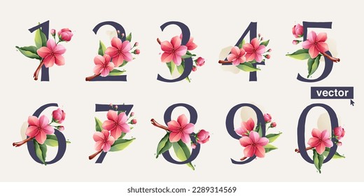 Numbers set with Sakura blooming flowers. Vector realistic watercolor style. Pink cherry petals, bud, branch, and green leaves. Perfect for wedding invitations, greeting cards, Valentine's Day posters