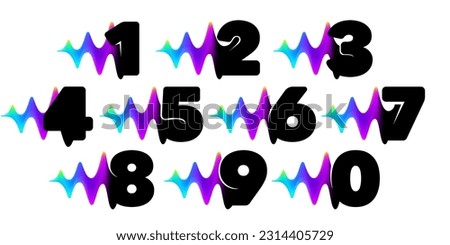 Numbers set with sound waves flow. Vibrant line glitch effect. Multicolor neon gradient icon. Vector font for audio label, multimedia company advertising, DJ posters, game screens, music identity.