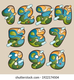 Numbers set with topographic map line pattern. Outdoor adventure logo with mountain, ocean, hills, forest, desert, and clouds.