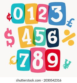 Numbers set typewriter-inspired with bold slab serif symbols in colorful frames. Hand-drawn style font for cool lettering with multiply effects, sale stickers, or blog headlines.