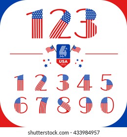 Numbers set in USA style with American flag. Happy 4th of July. Independence Day Vector Design.
