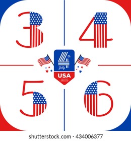 Numbers set in USA style with American flag. Happy 4th of July. Independence Day Vector Design.