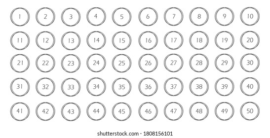 Numbers set. Vector flat illustration. Numbers 1 to 50 in circle. Collection badges numbers in outline style black color isolated on white background.