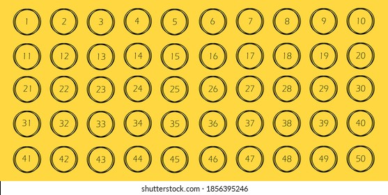 Numbers set. Vector flat illustration. Numbers 1 to 50 in circle. Collection badges numbers in outline style black color isolated on yellow background.