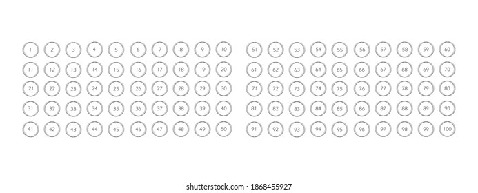 Numbers set. Vector flat illustration. Numbers 1 to 100 in circle. Collection badges numbers in outline style black color isolated on white background.