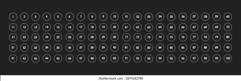 Numbers set. Vector flat illustration. Numbers 1 to 100 in circle. Collection badges numbers in outline style white color isolated on dark background.