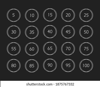 Numbers set. Vector flat illustration. Numbers 5 to 100 in circle. Collection badges numbers in outline style white color isolated on black background.