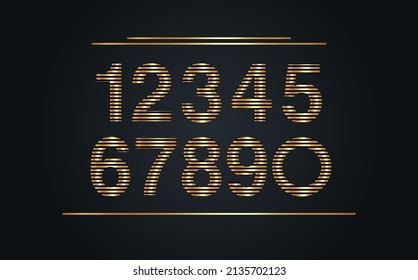 Numbers set vector font alphabet, modern dynamic luxury flat design for your unique elements design, striped pattern, logo, corporate identity, application, creative poster. Black background 