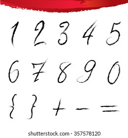 Numbers set - vector ink painting style hand-drawn watercolor numbers ans signs collection. Vector illustration alphabet numbers, brackets (braces), equal, plus,minus - mathematik number icons. Eps 8.