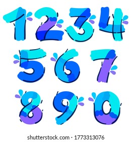 Numbers set with water drops and waves. Handwritten with a felt-tip pen. Vector bold marker font can be used for washing labels, healthcare logo, pure posters, ecology cards etc.