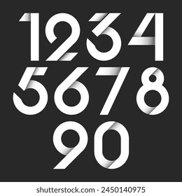 Numbers set, white wide line style with 3d effect shadows, idea numerals typography design element, math bold symbols collection mockup.