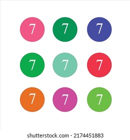 Numbers seven colourful set in normal style. Vector elements illustration template for web design card. Sticker icon