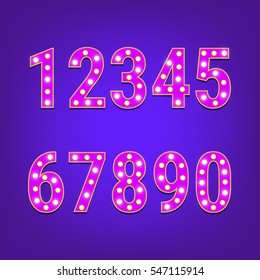 Numbers with shiny light bulbs. Glowing retro numbers. Alphabet with lamps