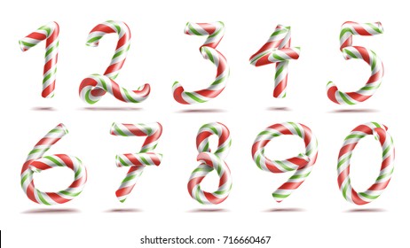 Numbers Sign Set Vector. 3D Numerals. Figures 1, 2, 3, 4, 5, 6, 7, 8, 9, 0. Christmas Colours. Red, Green Striped. Classic Xmas Mint Hard Candy Cane. New Year Design. Isolated On White Illustration