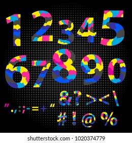 Numbers Sign Set Vector. cmyk font typeface. Figures 1, 2, 3, 4 5 6 7 8 9 0 Made from overlayed Cyan Magenta and Yellow