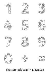 Numbers and signs. Set of Mosaic numbers in flat style for material design creative projects. Decorative arabic numerals, equal sign, plus sign with the pattern of stone masonry