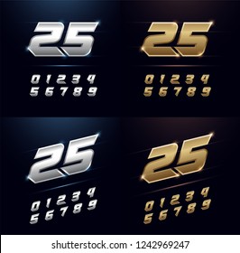 Numbers Silver and Golden Metal Chrome Alphabet Font. Number typography sport modern style gold fonts set. vector illustration