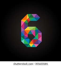 Numbers six (6) in modern polygonal crystal style. Vector illustration colorful bright design. Formed by triangles. For party poster, greeting card, banner & invitation. Cute numerical icons & signs.