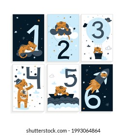 Numbers with small tiger. Cards with month and cartoon animals for nursery