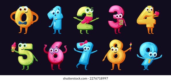 Numbers with smile faces. Cartoon characters. Cute math icons. Numeral symbols. Mathematics font. Arithmetic mascots with hands and legs. Emotions and gestures. Vector school recent set
