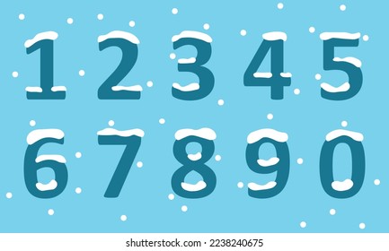 Numbers in the snow, vector. The numbers from 0 to 9 are blue covered with snow on top. The background is blue with falling snow.