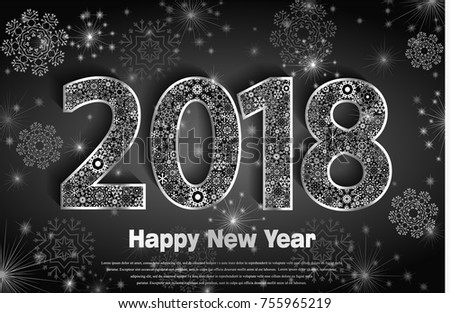 Numbers from Snowflakes 0, 1, 2, 8. Happy New Year 2018. Background with silver sparkling texture snowflake. Bright surface. Vector Illustration for holiday greeting card, invitation, calendar poster