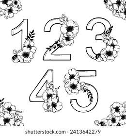 Numbers with spring flowers. Elegant blossom number, date and numeric monogram. Flower ornamental numbers character. Vector set