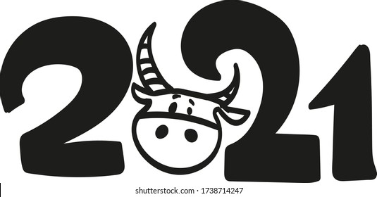 numbers stylization, funny cow, Taurus year symbol, black and white image, bull face, white background, flat picture, Chinese new year 2021 year of the ox
