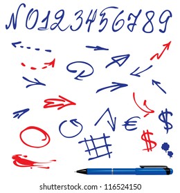Numbers and symbols (arrows) set - hand drawn picture