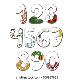 Numbers with symbols of the Christmas New Year vector cartoon illustration