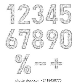 Numbers and symbols consisting of interconnected lines and dots. Polygonal design. White background.