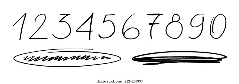 Numbers symbols. Doodle underline, hatching ellipse. Written scribble digits elements isolated on white background.