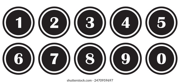 Numbers symbols icon vector. Number buttons set icons in black and white colors. Set of Round 1-9 numbers icon. vector illustration.