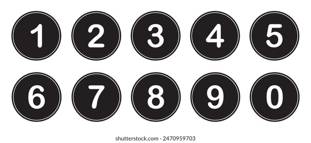 Numbers symbols. Number buttons set icons in black and white colors. Set of Round 1-9 numbers icon. vector illustration.