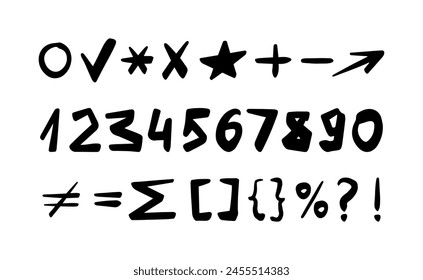 Numbers, symbols, punctuation marks set. Hand drawn marker, brush doodle elements. Vector illustrations