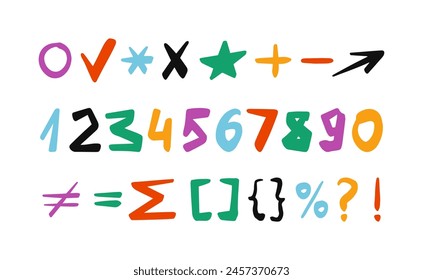 Numbers, symbols, punctuation marks set. Hand drawn marker, brush doodle elements. Vector illustrations