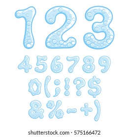 Numbers and symbols of sparkling water. Vector isolated objects. 