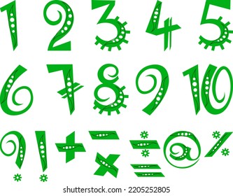 Numbers and symbols stylized as plants in green color with elements of peas Vector