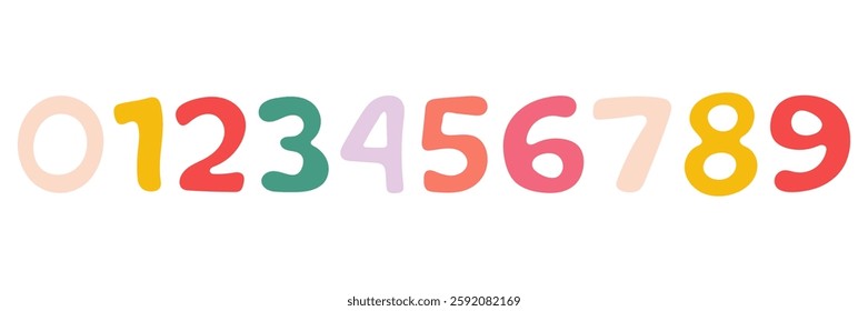 Numbers for teaching maths to kids. Colourful numbers from 0 to 9. Numbers for logos, badges, postcards, posters, prints, planner design.