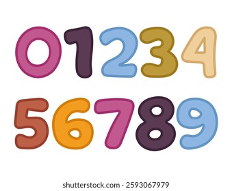 Numbers for teaching maths to kids. Colourful numbers from 0 to 9. For logos, badges, postcards, posters, prints, planner design. Cartoon numbers in doodle style.