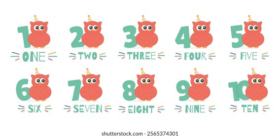 Numbers, text, cute owl character vector set. Beautiful elements for Kids Birthday Party invitation, greeting card, poster, event, prints and cake toppers design