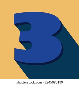 Numbers three, 3 long shadows on orange background with blue color. 