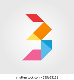 Numbers three (3) in origami style. Vector illustration colorful bright design. Formed by triangles. For party poster, greeting card, banner or invitation. Cute numerical icons and signs.